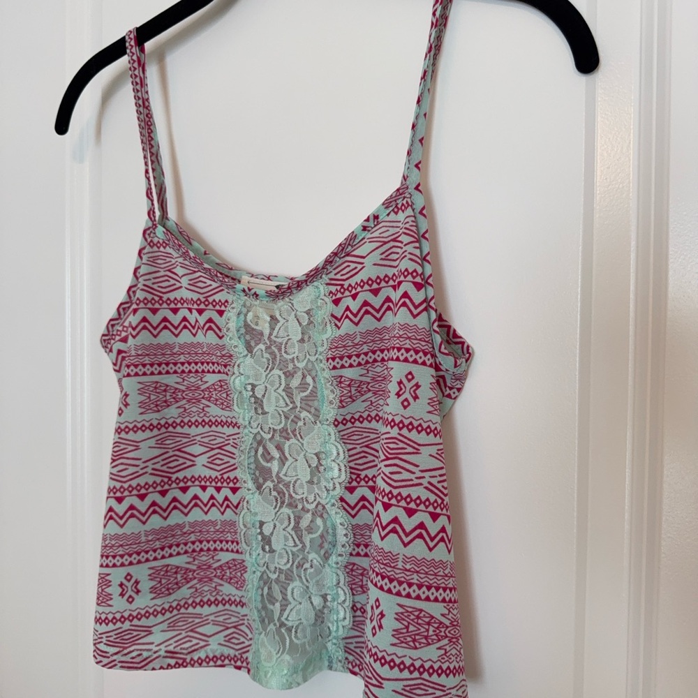 Geometric Lace Accent Camisole Magenta- Pink & Mint light blue crop top tank top - Picture 2 of 8